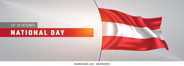 Austria happy national day greeting card, banner vector illustration. Austrian holiday 26th of October design element with 3D waving flag on flagpole