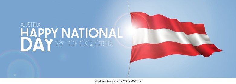 Austria happy national day greeting card, banner with template text vector illustration. Austrian memorial holiday 26th of October design element with 3D flag with stripes