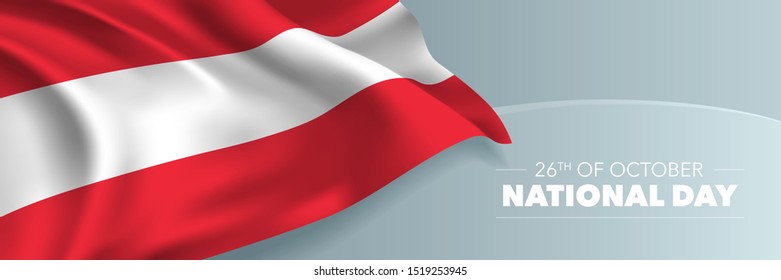 Austria happy national day vector banner, greeting card. Austrian wavy flag in 26th of October national patriotic holiday horizontal design 
