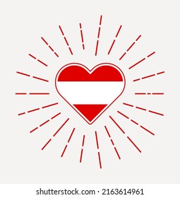 Austria heart with flag of the country. Sunburst around Austria heart sign. Vector illustration.