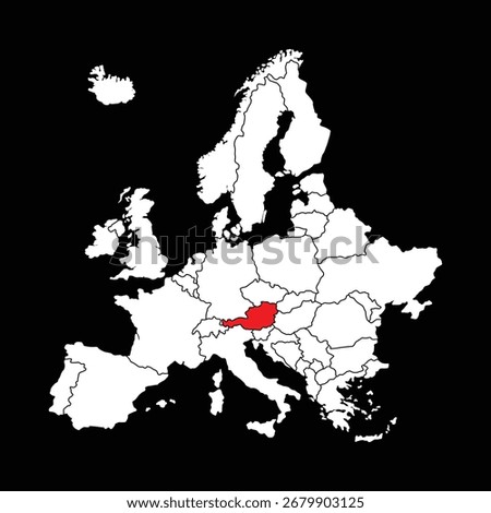 Austria highlighted in europe map for geography education concept