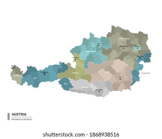 Austria higt detailed map with subdivisions. Administrative map of Austria with districts and cities name, colored by states and administrative districts. Vector illustration.