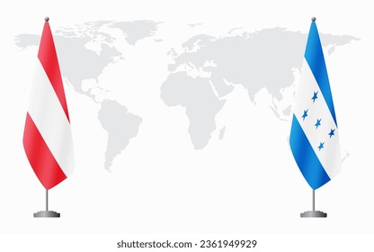 Austria and Honduras flags for official meeting against background of world map.