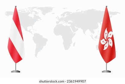 Austria and Hong Kong flags for official meeting against background of world map.