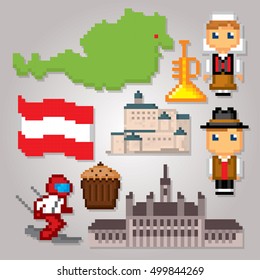 Austria icon set. Pixel art. Old school computer graphic style. Games elements