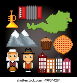 Austria icon set. Pixel art. Old school computer graphic style. Games elements