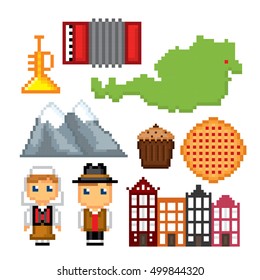 Austria icon set. Pixel art. Old school computer graphic style. Games elements