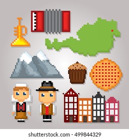 Austria icon set. Pixel art. Old school computer graphic style. Games elements