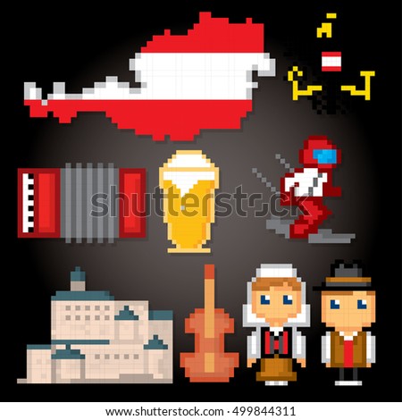 Austria icon set. Pixel art. Old school computer graphic style. Games elements