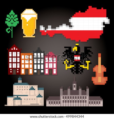 Austria icon set. Pixel art. Old school computer graphic style. Games elements