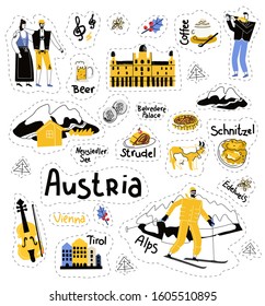 Austria icons set stickers. Austrian journey travel landmark. Symbols country. Stickers design. Doodle elements for the invitation, greeting card, banner. Isolated vector illustration.