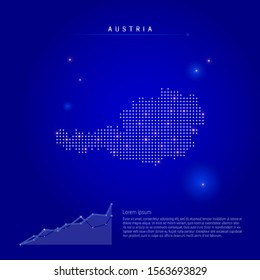 Austria illuminated map with glowing dots. Infographics elements. Dark blue space background. Vector illustration. Growing chart, lorem ipsum text.