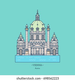 Austria illustration, Vector, Landmark, Karlskirche. Travel Vienna icon. Tourist attractions in capital of Austria. Line art collection of stock vector clipart.