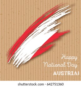 Austria Independence Day Patriotic Design. Expressive Brush Stroke in National Flag Colors on kraft paper background. Happy Independence Day Austria Vector Greeting Card.