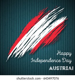 Austria Independence Day Patriotic Design. Expressive Brush Stroke in National Flag Colors on dark striped background. Happy Independence Day Austria Vector Greeting Card.