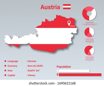 Austria Infographic Vector Illustration, Austria Statistical Data Element, Austria Information Board With Flag Map, Austria Map Flag Flat Design