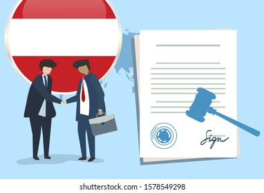 Austria international partnership. Diplomacy negotiation. Business relationship agreement handshake. Country flag and map. Corporate Global business investment. Vector