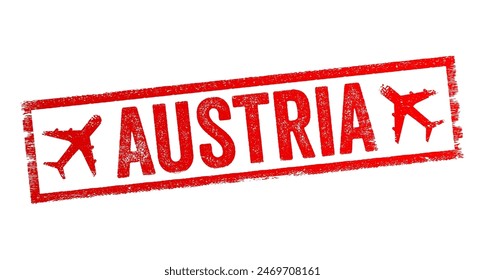 Austria - is a landlocked country in Central Europe, lying in the Eastern Alps, text emblem stamp with airplane