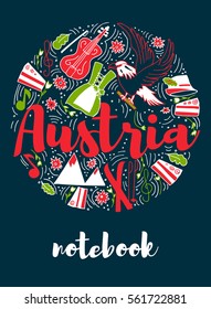 Austria Landmark Travel and Journey Infographic Vector Design. Austria country design template. Template for souvenir Greeting Card, cup, t-shirt, notebook.