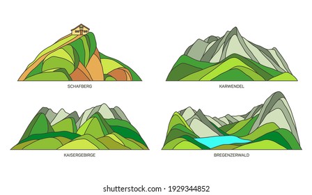 Puntos de referencia de Austria, montañas de paisaje natural, lugares de turismo de viajes, iconos llanos vectores. Alpes austríacos montan Schafberg en Salzburgo, Karwendel, Kaisergebirge en Tirol y Bregenzerwald