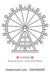 Austria line icon. Prater ferris wheel at Vienna and Austrian flag vector illustration.