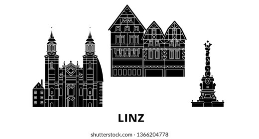 Austria, Linz flat travel skyline set. Austria, Linz black city vector illustration, symbol, travel sights, landmarks.