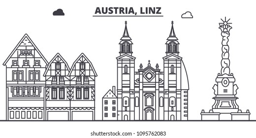 Austria, Línea Linz ilustración vectorial. Austria, Linz, paisaje urbano lineal con puntos de referencia famosos, vistas de la ciudad, paisaje vectorial. 