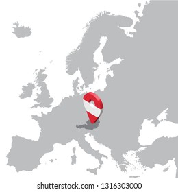 Austria Location Map on map Europe. 3d Austria flag map marker location pin. High quality map Austria.  Vector illustration EPS10.