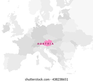 Austria location modern detailed map. All european countries without names. Vector template of beautiful flat grayscale map design with selected country name text and border location