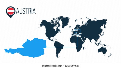 Austria location modern vector map for infographics. All world countries without names. Austria round flag in the map pin or marker. vector illustration on stripped background.