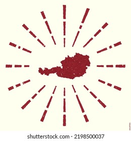 Austria Logo. Grunge sunburst poster with map of the country. Shape of Austria filled with hex digits with sunburst rays around. Neat vector illustration.