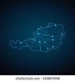 Austria Map - Abstract geometric mesh polygonal network line, structure and point scales on dark background with lights in the form of cities. Vector illustration eps 10.