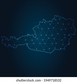 Mapa de Austria Resumen de la línea de purga y las escalas de puntos en el fondo oscuro. Línea de red poligonal de malla 3D del marco de cables.