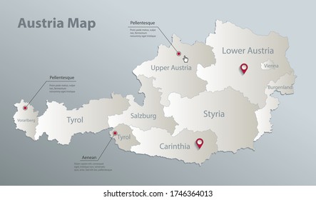 Austria map, administrative division with names, blue white card paper 3D vector