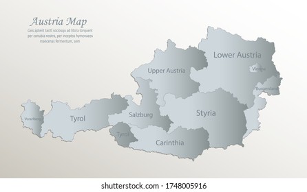 Austria map, administrative division with names, white blue card paper 3D vector