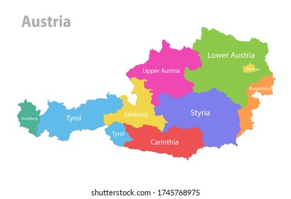 Austria map, administrative division, separate individual states with state names, color map isolated on white background vector