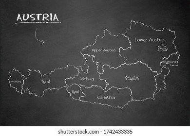 Austria map administrative division separates regions and names individual region, design card blackboard chalkboard vector