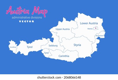 Austria map, administrative divisions whit names regions, blue background vector