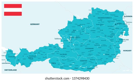 Austria Map Aqua Colors - Detailed map of Austria vector illustration - All elements are separated in editable layers clearly labeled.