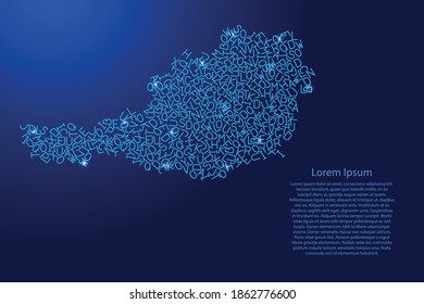 Austria map from blue pattern latin alphabet scattered letters and glowing space stars grid. Vector illustration.