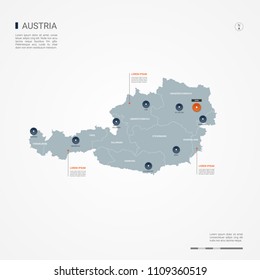 Austria map with borders, cities, capital Vienna and administrative divisions. Infographic vector map. Editable layers clearly labeled. Austria map with borders, cities, capital Vienna and administrative divisions. Infographic vector map. Editable layers clearly labeled.