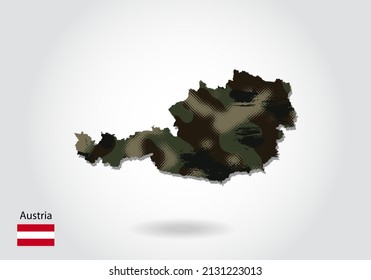 austria map with camouflage pattern, Forest  green texture in map. Military concept for army, soldier and war. coat of arms, flag.