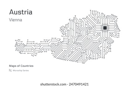 Austria Map with a capital of Vienna Shown in a Microchip Pattern with processor. E-government. World Countries vector maps. Microchip Series	