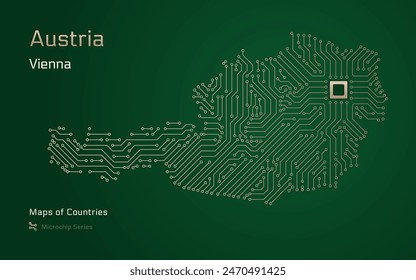 Austria Map with a capital of Vienna Shown in a Microchip Pattern with processor. E-government. World Countries vector maps. Microchip Series	
