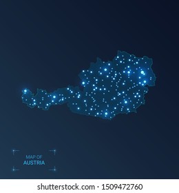 Austria map with cities. Luminous dots - neon lights on dark background. Vector illustration. 