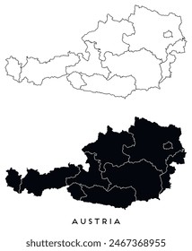 Austria map of city regions districts vector black on white and outline