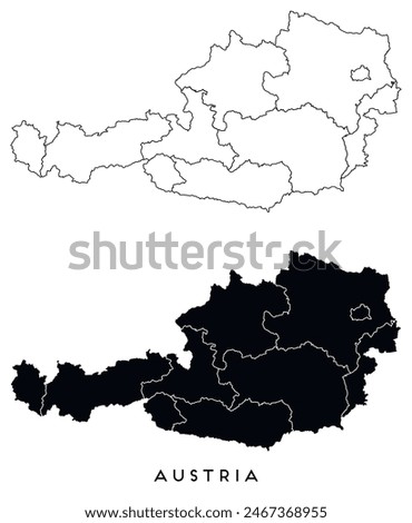 Austria map of city regions districts vector black on white and outline