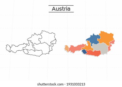 Austria map city vector divided by colorful outline simplicity style. Have 2 versions, black thin line version and colorful version. Both map were on the white background.