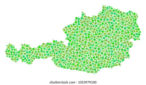 Austria Map collage of circle dots in variable sizes and eco green shades. Dots are united into austria map vector mosaic. Ecology vector illustration.