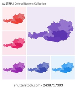 Austria map collection. Country shape with colored regions. Deep Purple, Red, Pink, Purple, Indigo, Blue color palettes. Border of Austria with provinces for your infographic. Vector illustration.